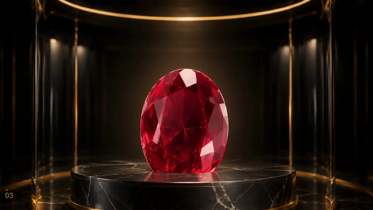 PRINCIPLEGEMS oval ruby on a black-and-gold display pedestal