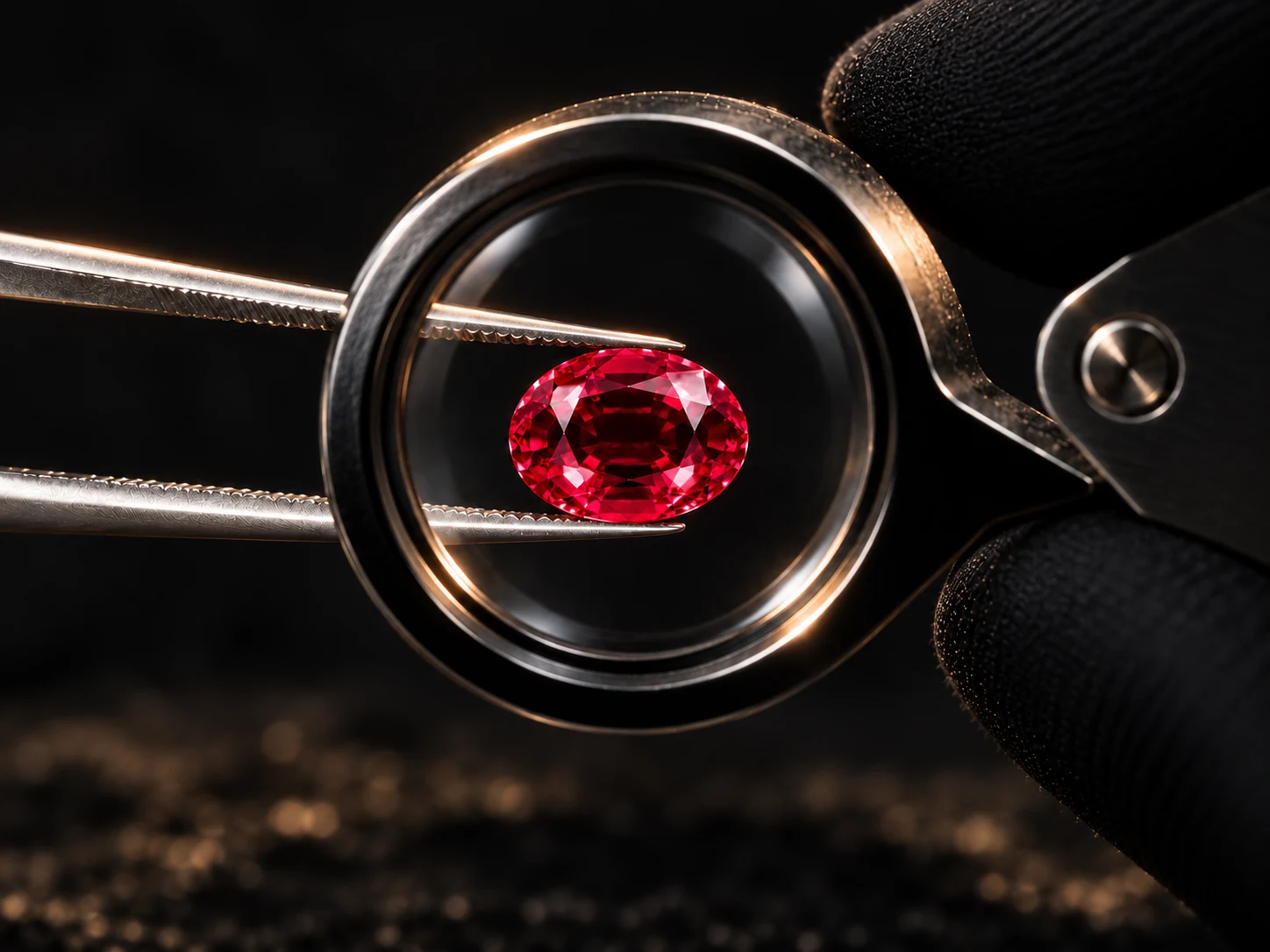 A ruby gemstone held with tweezers for inspection through a jeweler's loupe