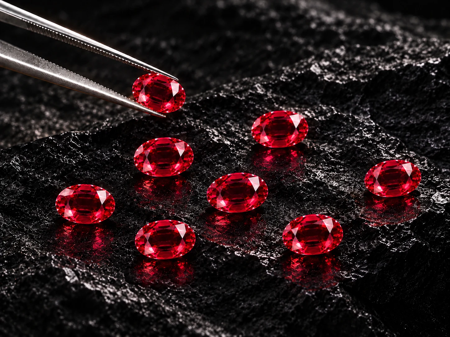 Several natural ruby gemstones being selected with tweezers on a dark stone surface
