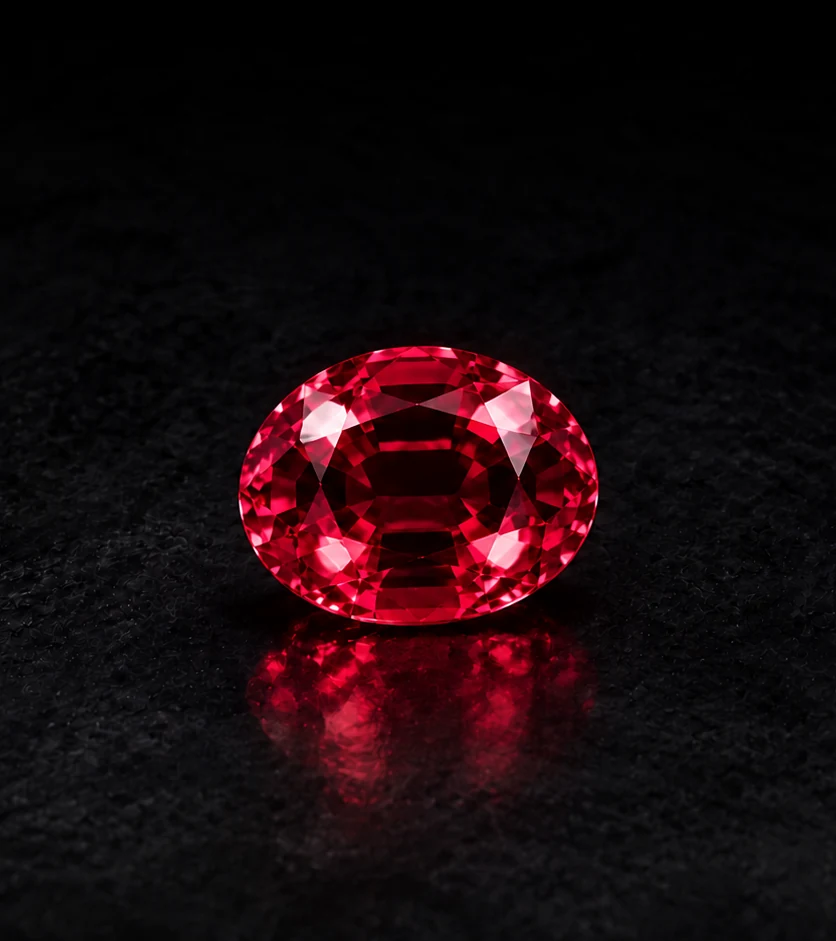 Natural ruby gemstone in oval cut on a dark reflective surface