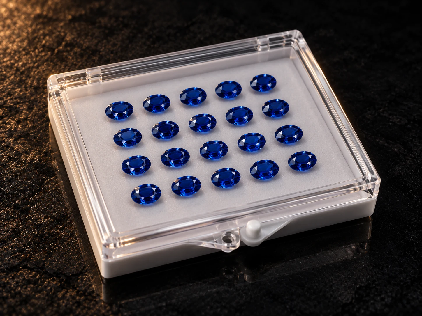 A calibrated parcel of matched blue sapphires arranged in even rows in a gem case