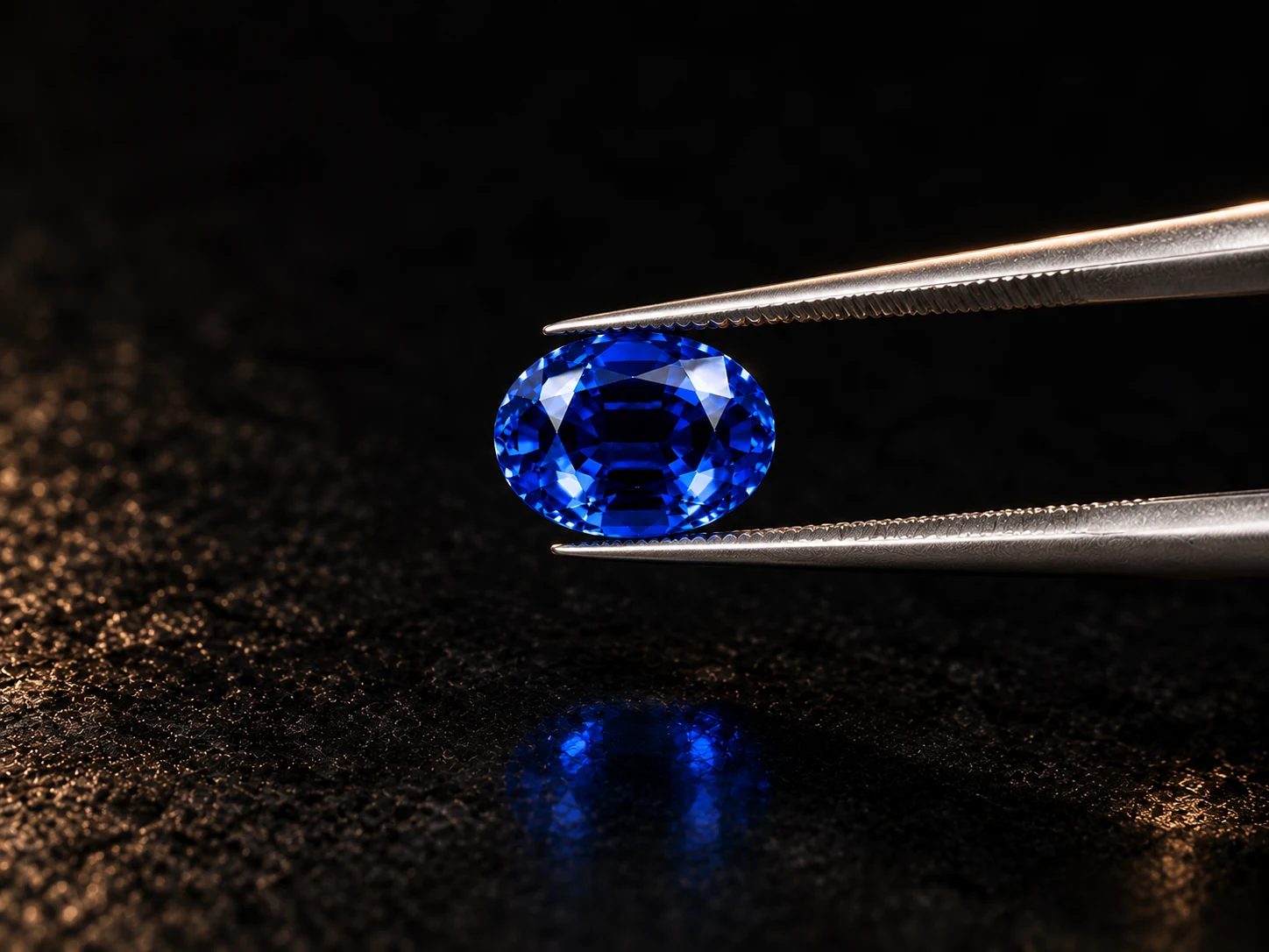 A blue sapphire gemstone held with tweezers showing its brilliance and cut quality