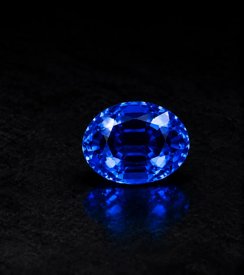 Blue sapphire gemstone in oval cut on a dark reflective surface
